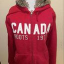 ROOTS Canada Hoodie‎ White Letters Patches Jacket Faux Fur Lined XXS Red Photo 0