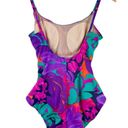 Vtg Y2K Abstract Swim One Piece Sz 16 High Cut Neon Floral Print Ruched Pink Photo 1