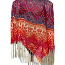 CHICO'S Phoebe Poncho Colorful Sheer Linen ONE SIZE w Beaded Fringe Pink Purple Size M Photo 1