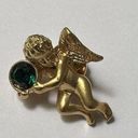 Avon Lapel Tack Pin Gold Tone Angel Cherub Green Rhinestone NWOT Photo 0