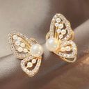 Gold Butterfly Stud Earrings for Women,White Pearl Earrings,Butterfly Earrings Photo 1