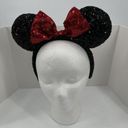 Disney  Parks Minnie Mouse Ears Hat Headband Black Sequins Red Sequins Bow Photo 0