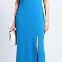 Badgley Mischka  Odessa Split Front Crepe Gown V-Neck Puff Sleeves Blue Size 0 Photo 0