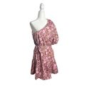 Jason Wu  One‎ Shoulder Puff Sleeve Floral Belted Mini Dress Pink Tan Size Large Photo 1