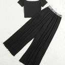 Mulvari Letter Graphic Off Shoulder Tee & Contrast Tape Wide Leg Pants Black Size M Photo 1