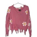 Daisy Just Polly Pink  Flower Cropped Raw Hem Distressed Sweater Size Medium Photo 0