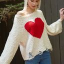 POL  Womens Love Me Heart Distressed Popcorn Knit Pullover Sweater Size L Cream Photo 1