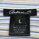 Arden B  Womens L Split Neck Blue Stripe Button Up Blouse Career Blue Tan White Photo 8