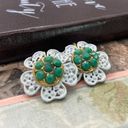 Petal 1950s Vintage Large Green Jade White Flower  Earrings Gold Tone Photo 1