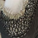 Sheer Black Scarf With Detailed Lattice Trim With Silver Hand Beaded Poms Photo 5