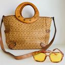 Fossil  Tan Woven Leather Wooden Top Handle Crossbody Medium Tote Bag Photo 10