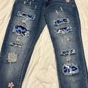 Daisy Blue Skinny Cheetah  Patch Distressed Stitched Jeans Womens Small Floral Photo 1