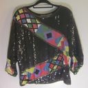 Scala  Vintage Sequin Top Womens Size L Long Dolman Sleeve Blouse Silk Colorful Photo 4