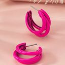 Vibrant Hot Pink Hoop Earrings - Triple Layer C Shape, Durable Iron Photo 1