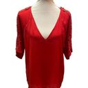 Alya  Red Blouse With V-Neck and 3/4in Bell Sleeve with Filagree Lace Pattern Dow Photo 0