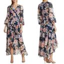 Eliza J  Floral Long Sleeve High Low Faux Wrap Midi Dress Navy Size 6 NWT Photo 1