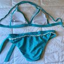 Y2K Vintage 90s Blue Polka Dot String Bikini Size Medium White Ruffle Photo 7