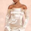 Pretty Little Thing Champagne Metallic Pleat Detail Bardot Flared Sleeve Shift Dress Photo 0