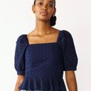 Draper James  Navy Blue Puff Sleeve Square Neckline Peplum Hem Eyelet Top size M Photo 0