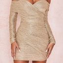 House Of CB NWT  Felicity Gold Ruched Mesh Off Shoulder Dress Photo 3