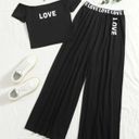 Mulvari Letter Graphic Off Shoulder Tee & Contrast Tape Wide Leg Pants Black Size M Photo 2