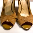 Kate Spade  Women’s Leather Suede Camel-Colored Crossover Front Peep Toe Wedges Photo 2