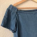 Thread and Supply  Blue Chambray Button Back Off Shoulder Short Sleeve Top S Photo 4