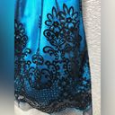 Onyx  night sleeveless teal satin dress with black mesh overlay, and black design Photo 3