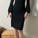 vintage 90s black v neck faux wrap cut out sleeve slit knee length midi dress Photo 1