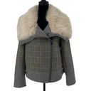 Banana Republic  Womens Faux Fur Coat Jacket Plaid Lined Zip Up Gray Yellow Small Photo 1