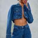 Pretty Little Thing Mid Blue Wash Denim Cuff Detail Cropped Jacket Photo 1