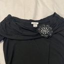 Cache  sz S blk drapey boatneck rouched sides 3/4 slv beaded rhinestone flower Photo 2