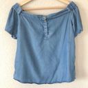 Thread and Supply  Blue Chambray Button Back Off Shoulder Short Sleeve Top S Photo 0