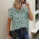 Petal NEW Sage Green Confetti Polka Lace Trim Short  Sleeve Blouse Size Large Photo 2