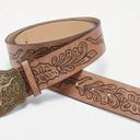 Western Bull Head Buckle Unisex Belt Vintage Style Embossed 37” Faux Leather Tan Photo 4