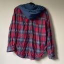 American Eagle  Red Blue Plaid Flannel Hooded Button Down Shirt Shacket sz Small Photo 4