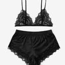 SheIn Black Lace Triangle Top & Shorts Pajama Set Medium  Photo 0