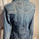 True Religion Vintage Y2k Western Cowgirl Chambray Jean shirt raw distressed Embroidered Fit Flare casual Dress Photo 3