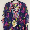 Rise & Bloom Embellished Neckline Floral Kimono Sleeves Swim Cover Up Navy M Size M Photo 2