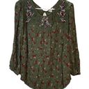 Mason & Belle  Blouse Olive Green 3/4 Sleeve Floral Lace Peasant Top Size Large Photo 0