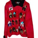 Vintage Berek Colorful House Hand Knit Cardigan Sweater in Red Size Large Photo 0