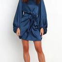 Petal and Pup  Opal Navy Blue Satin Long Balloon Sleeve Wrap Mini Dress 4 Photo 5