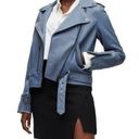 All Saints Balfern Flint Blue Belted Crop Leather Moto Jacket Size 4 Photo 0