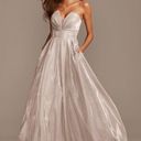 Betsy and Adam  Glittery Silver Strapless Ball Gown Dress Photo 0