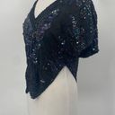 Vintage 80s Silk Beaded Sequined Butterfly Top V Neck Pullover Cropped Black M Size M Photo 0