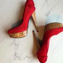 Bebe  Stiletto High Heels Kahilia Ruby Red Size 8 Platform Cork Bow Formal Photo 11