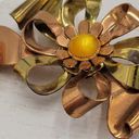 Vintage Two Tone Copper & Gold Ribbon Flower Brooch Pin Yellow Faux Pearl Stone Photo 11