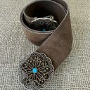 Vintage Brown Suede Leather Belt With Brass & Turquoise Buckle S Photo 9