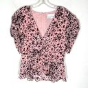 Blair Gilner Farrar Sz M Pink Pansie  Peplum Blouse Floral Puff Sleeves Photo 0