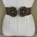 Vintage Brown Suede Leather Belt With Brass & Turquoise Buckle S Photo 0